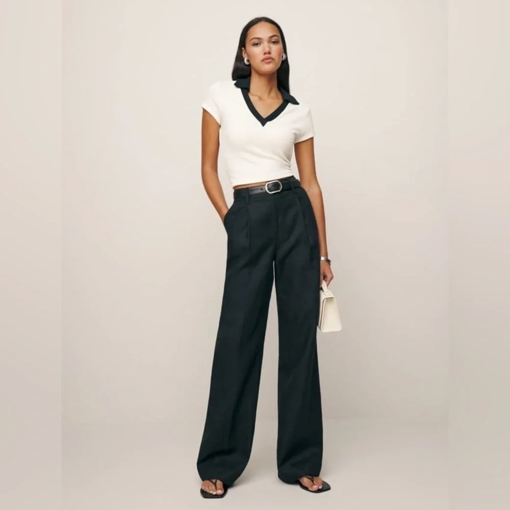 Reformation 'Alex' Black Linen Linen Pant Size  8 Petite 100% Linen